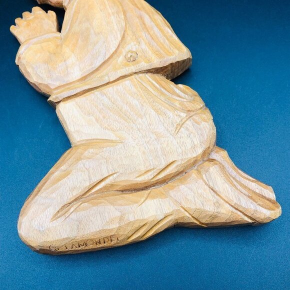70s Hand Carved Wood Wall Plaque Praying Boy Vintage Gerard Lamonde Wall Hanging - Picture 3 of 10